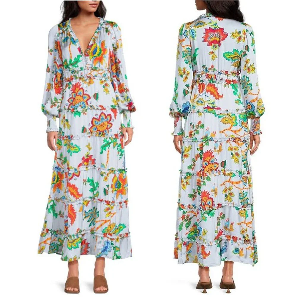 Chelsea & Violet Margaux Plisse V-neck Maxi DRESS Size XS Sky Floral NEW $159 - Picture 2 of 11